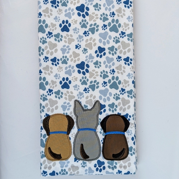 Kitchen Towel Set Of Two (2) Dog Applique Heads Tails Paw Prints White Blue NWT - Picture 3 of 10
